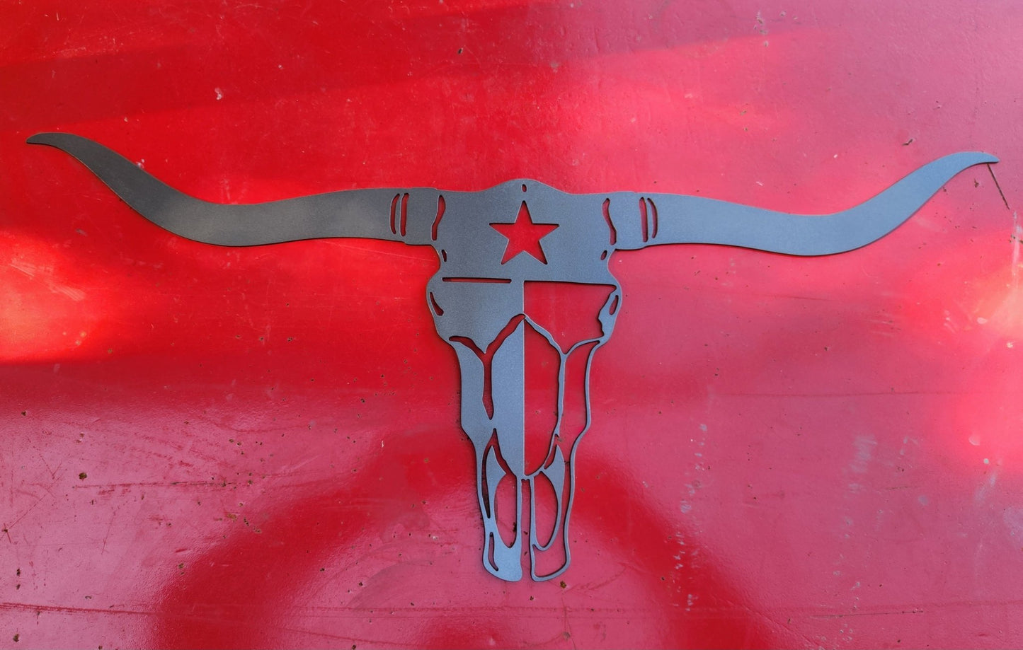 Texas Longhorn 30x13, 14 - Gauge Steel Wall Art, Hand - Painted Texas Flag Skull Design - SRT Metalworks