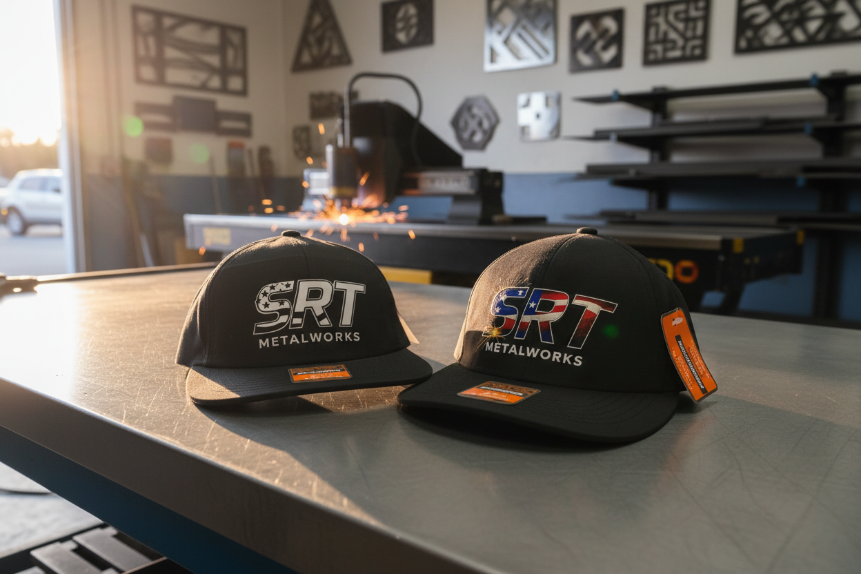 Two black hats with SRT Metalworks logo on a wooden table