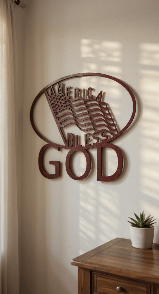 America Bless God, 14 - Gauge Steel Hand - Painted Wall Art with Blowing American Flag - SRT Metalworks