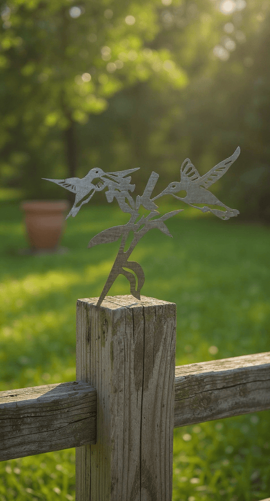 Hummingbirds Tree & Fence Spike Yard Art, 14 - Gauge Steel Hummingbirds with Flower - SRT Metalworks