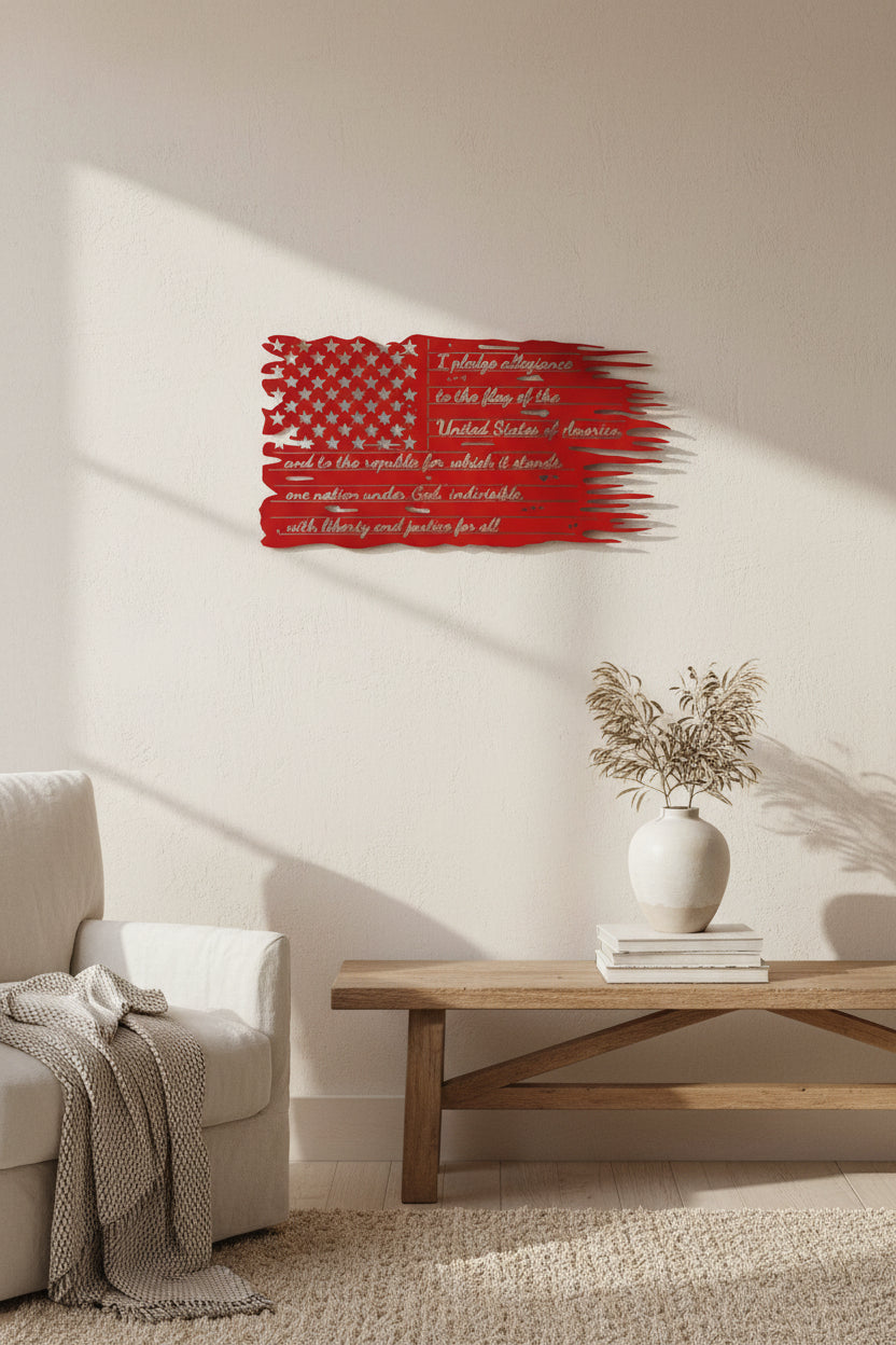 Pledge of Allegiance on Tattered American Flag Metal Sign 30x16, 14 - Gauge Steel - SRT Metalworks