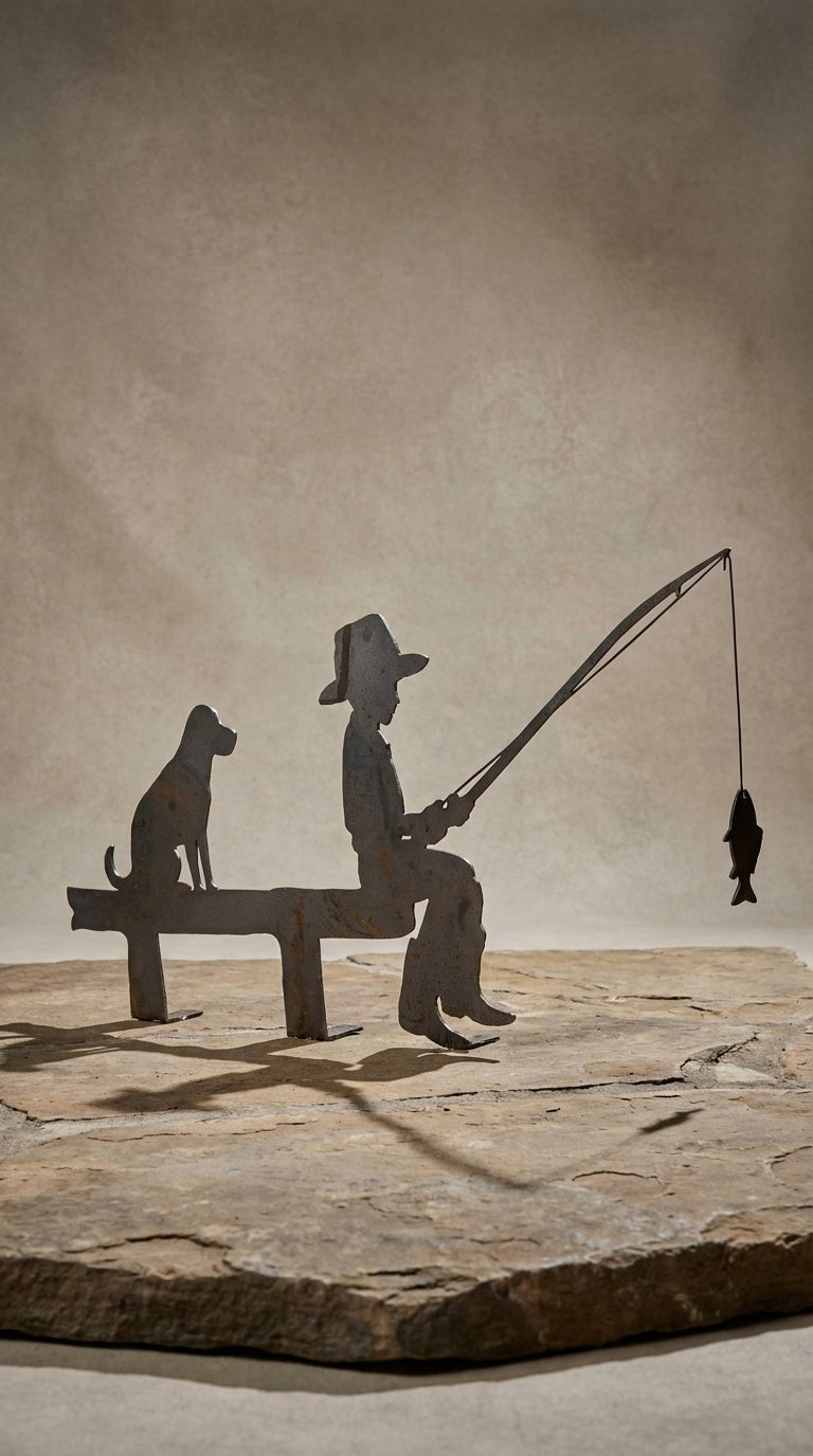 “Simple Times” – Boy Fishing with Dog Metal Yard Art - SRT Metalworks