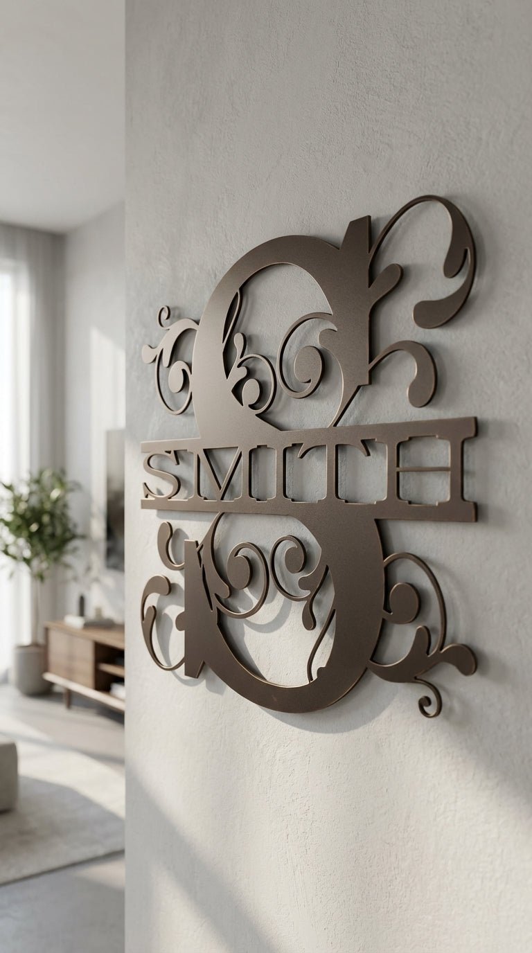 Split Scroll Monogram – Hand - Painted 14 - Gauge Steel Wall Art - SRT Metalworks