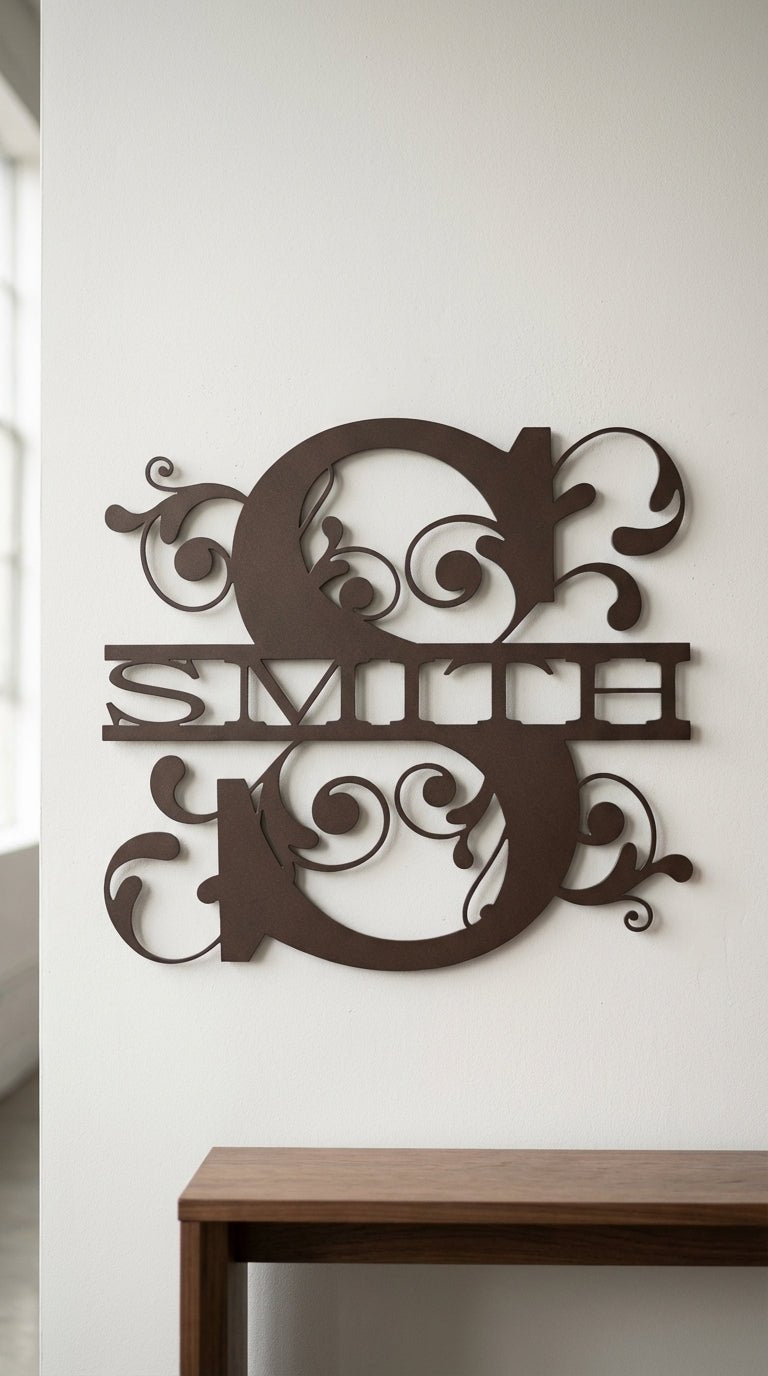 Split Scroll Monogram – Hand - Painted 14 - Gauge Steel Wall Art - SRT Metalworks
