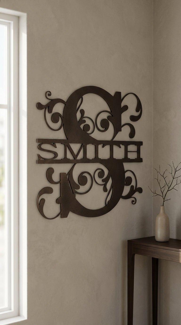 Split Scroll Monogram – Hand - Painted 14 - Gauge Steel Wall Art - SRT Metalworks