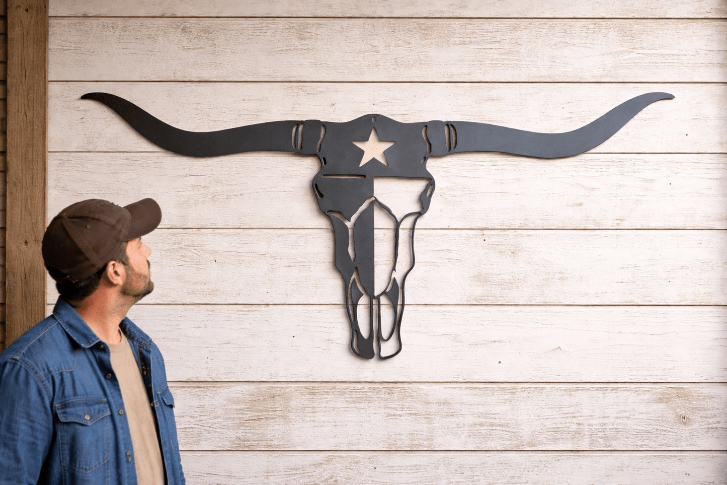Texas Longhorn 30x13, 14 - Gauge Steel Wall Art, Hand - Painted Texas Flag Skull Design - SRT Metalworks