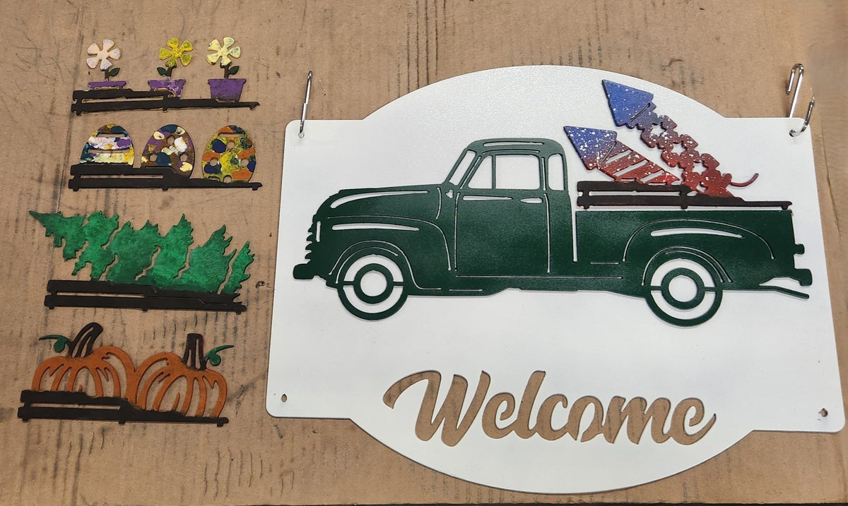 Truck Changing Holiday Metal Wall Art Welcome Sign, 14-Gauge Steel - SRT Metalworks