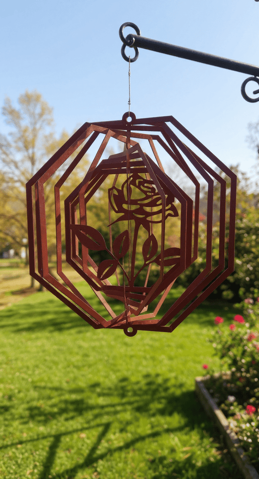 Wind Spinner 18x17 3 - D Rose, 14 - Gauge Steel, Hanging Swivel Included - SRT Metalworks