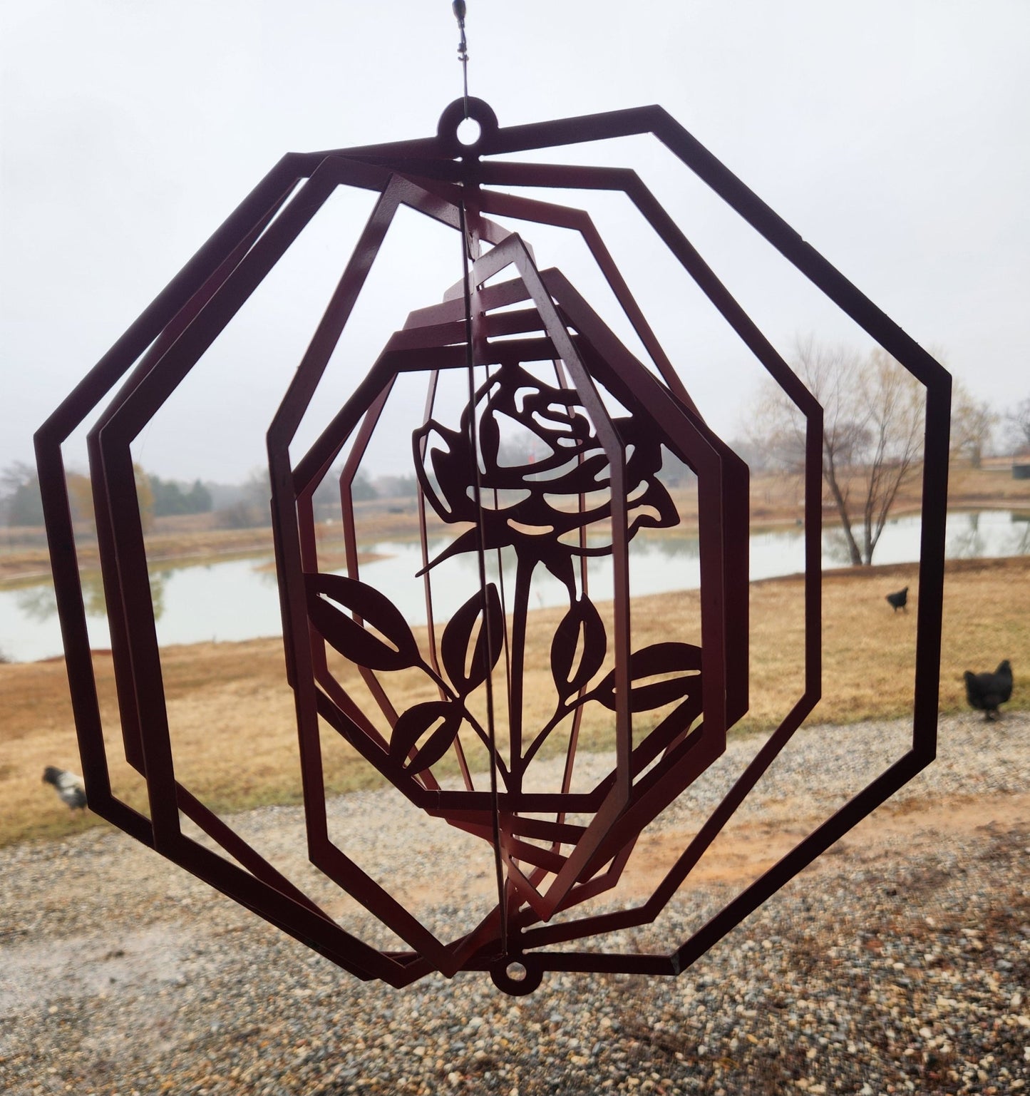 Wind Spinner 18x17 3 - D Rose, 14 - Gauge Steel, Hanging Swivel Included - SRT Metalworks